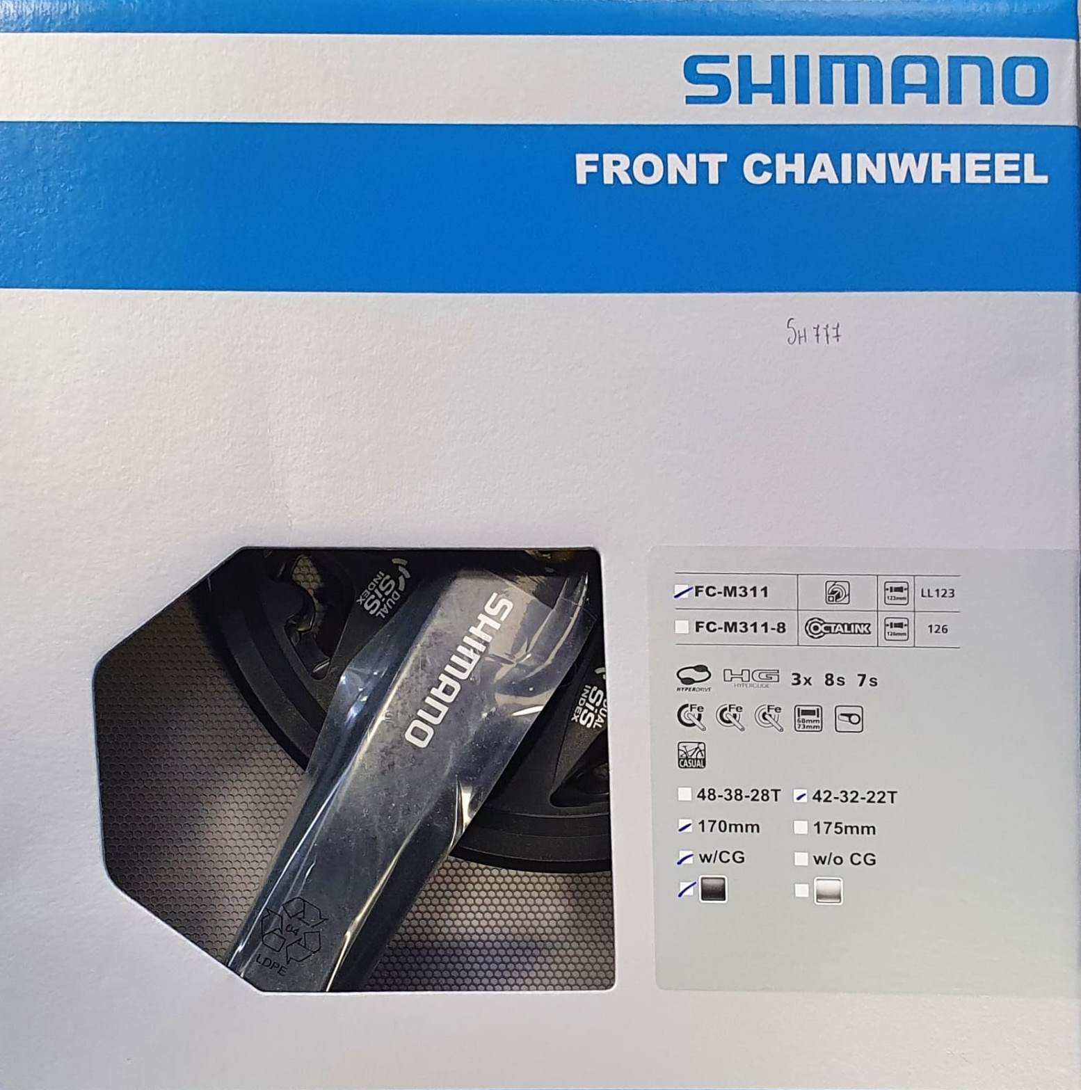 Guarnitura Shimano FC-M311 48/38/28T 175mm - 8 Velocità, Nero, Per Biciclette